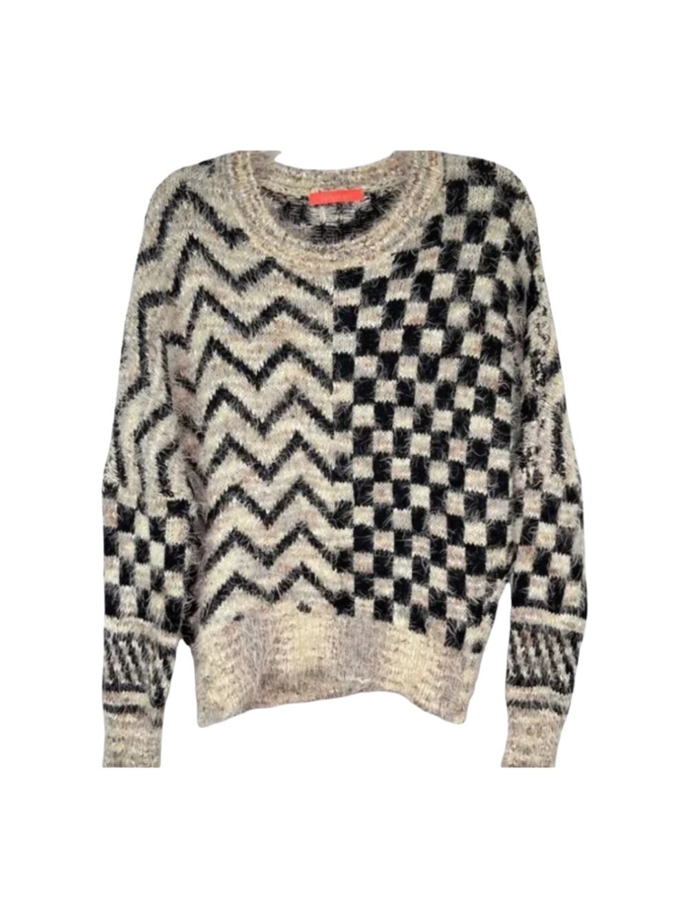 Lulumari ecru black chunky geometric print fuzzy sweater S/M - Picture 1 of 5